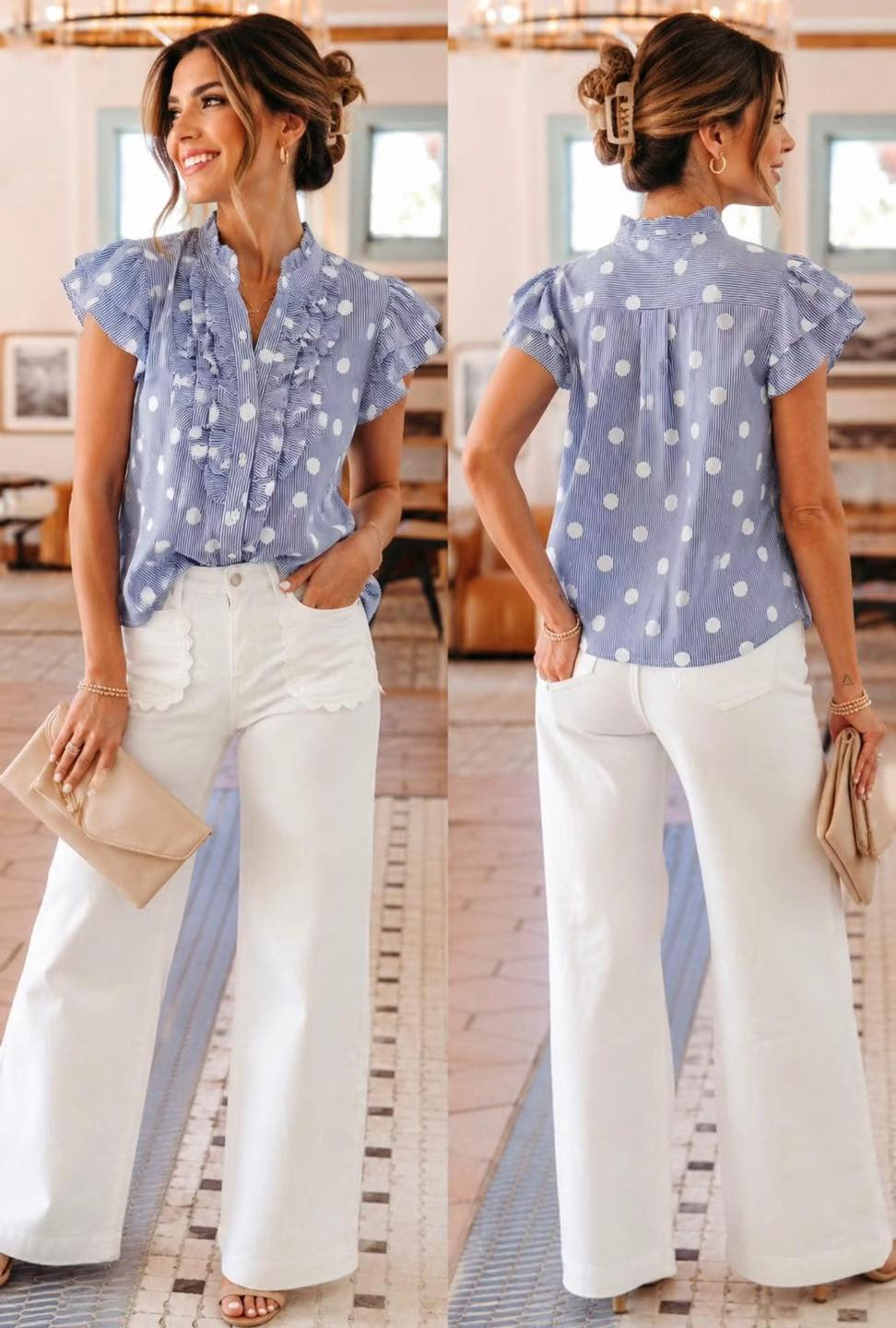 Blue Polka Dot Pleated Shirt