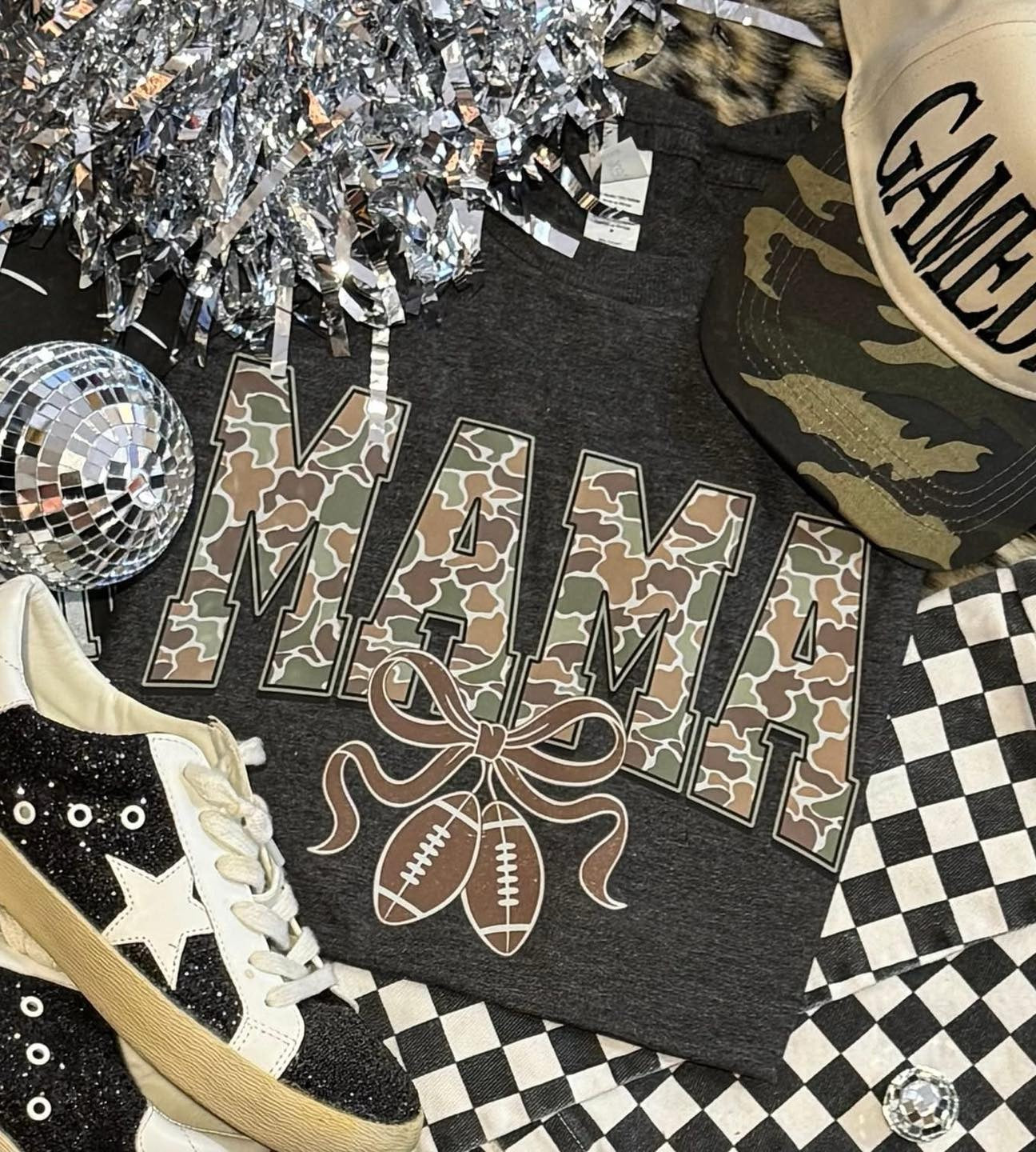 Mama Camo Football- Dark Heather Crew