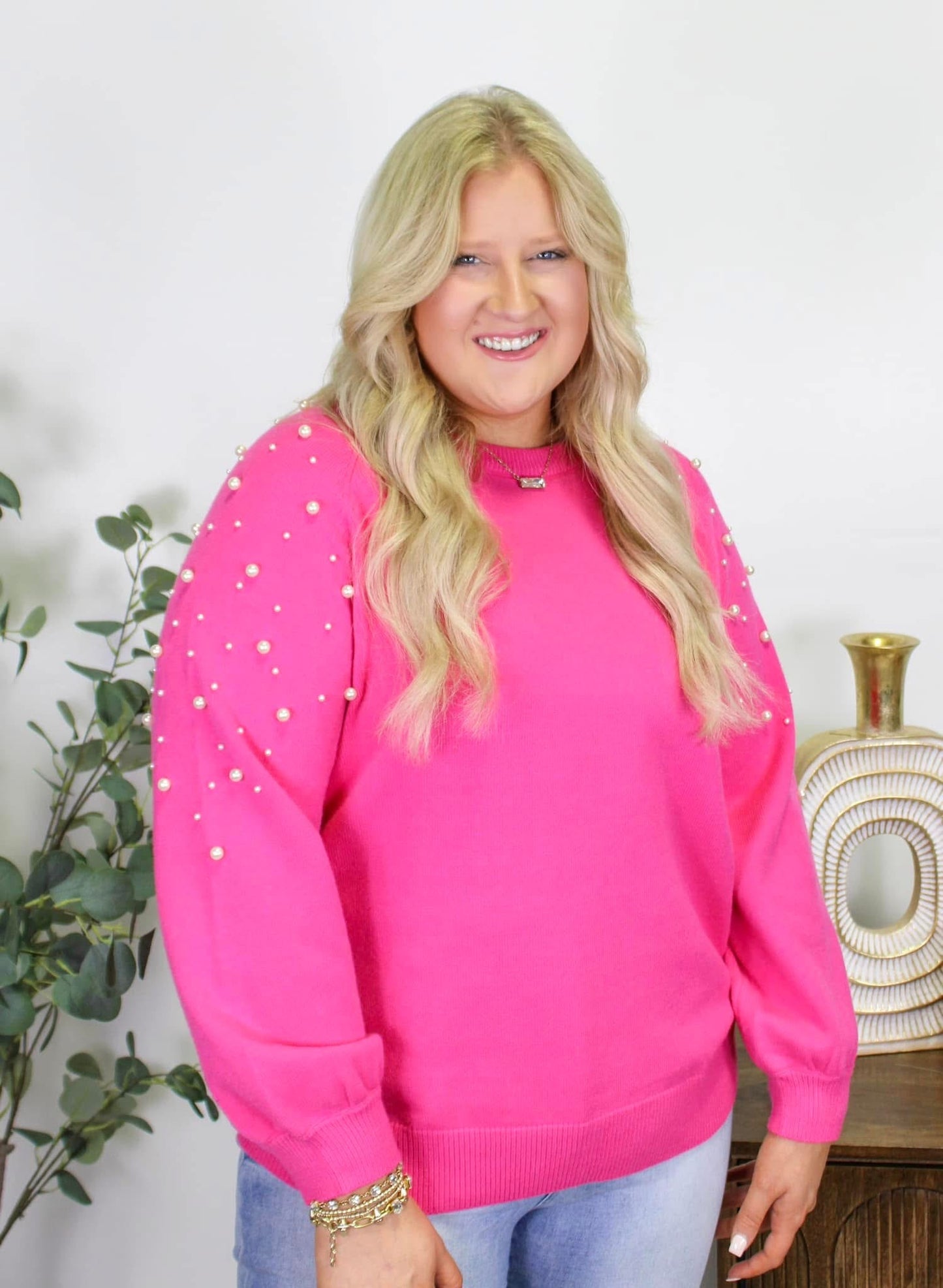 Pink Plus Size Pearl Sweater